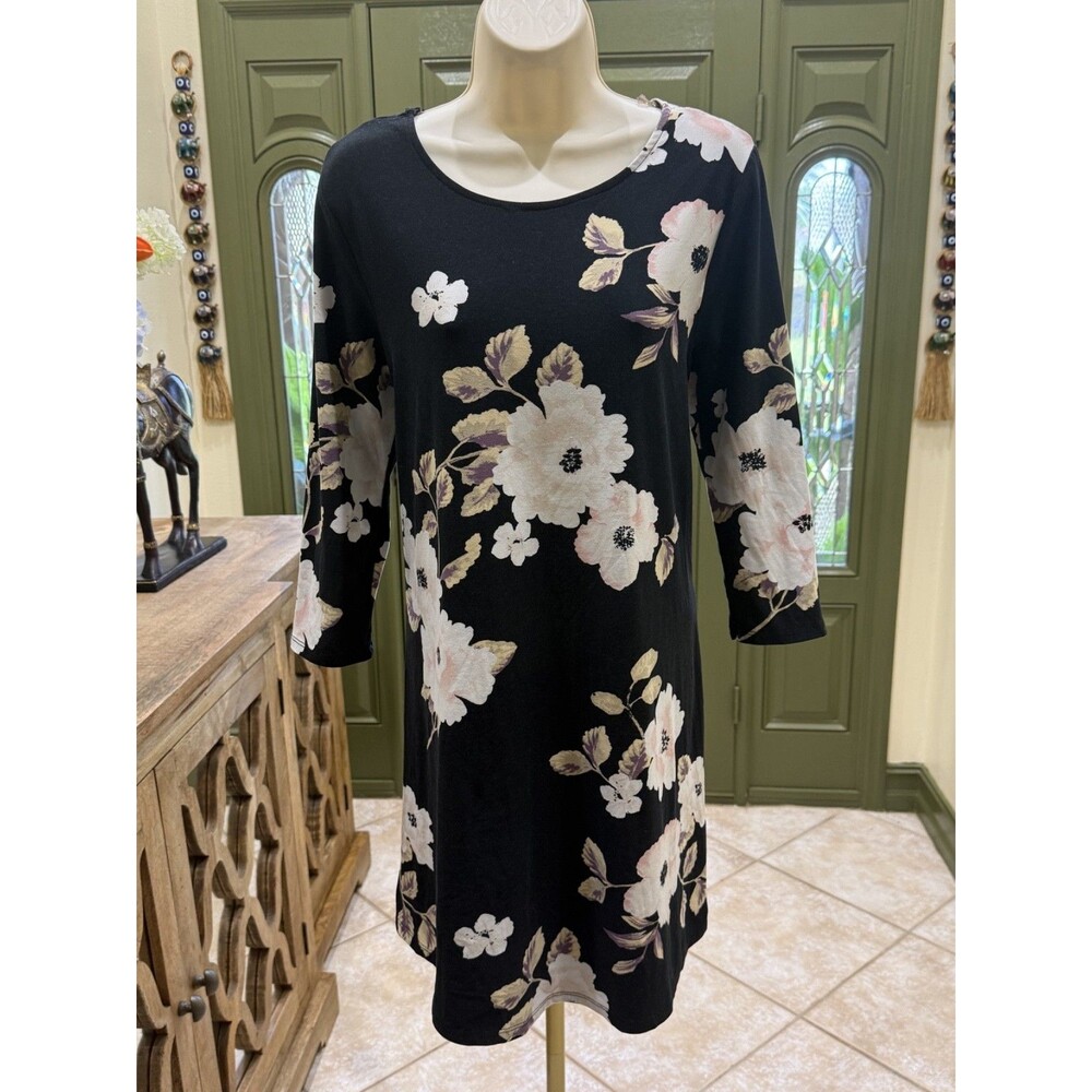 Women's Black Knit Dress with Peach & Cream Floral Print – Size Large